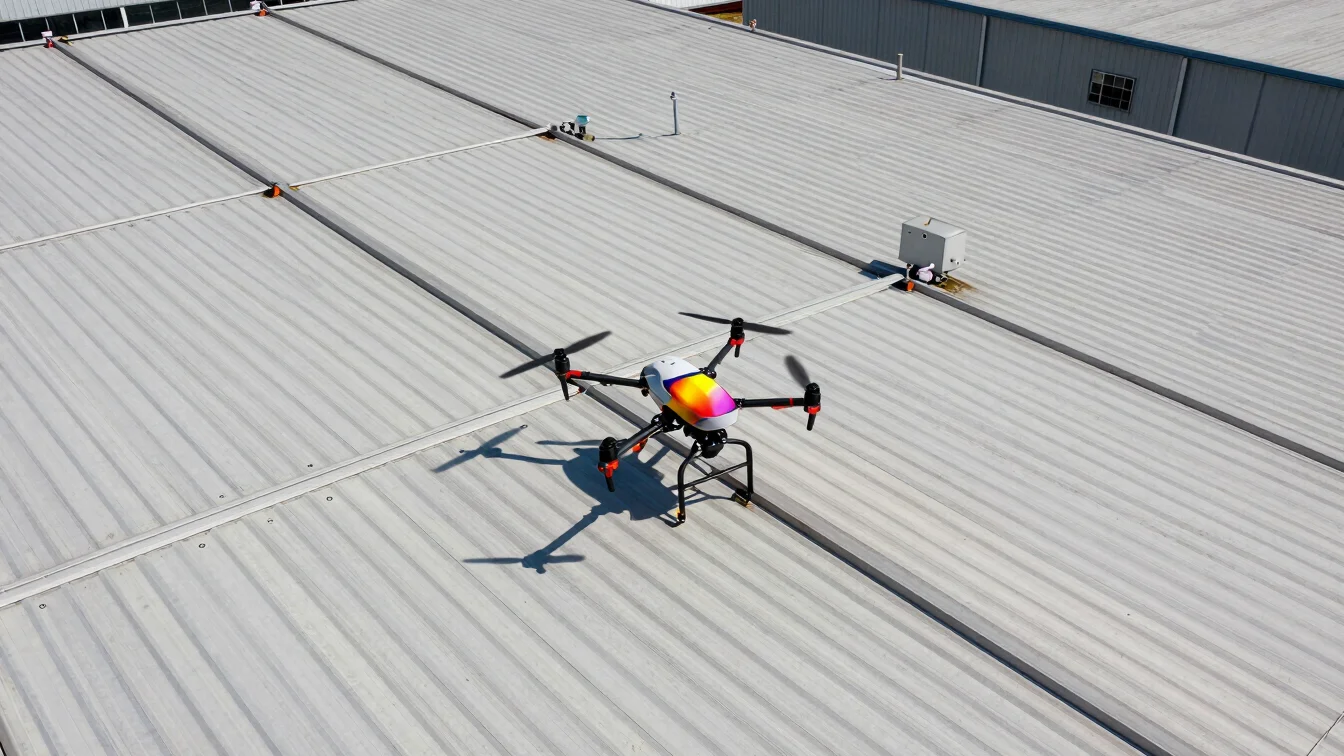 industrial aerial drone photography, high precision technical inspection, sharp outdoor daylight, desaturated tones, 35m