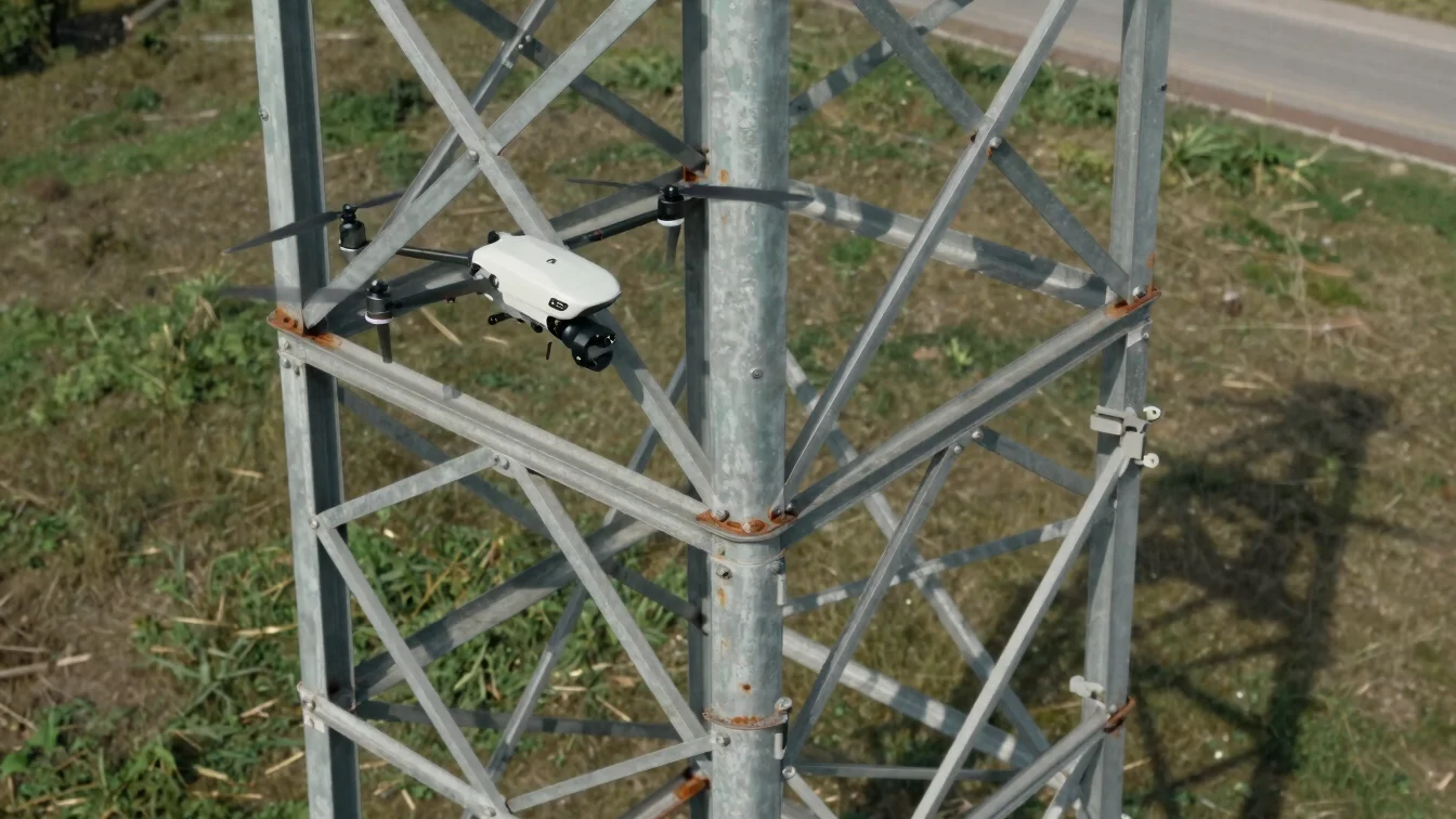 industrial aerial drone photography, high precision technical inspection, sharp outdoor daylight, desaturated tones, 35m