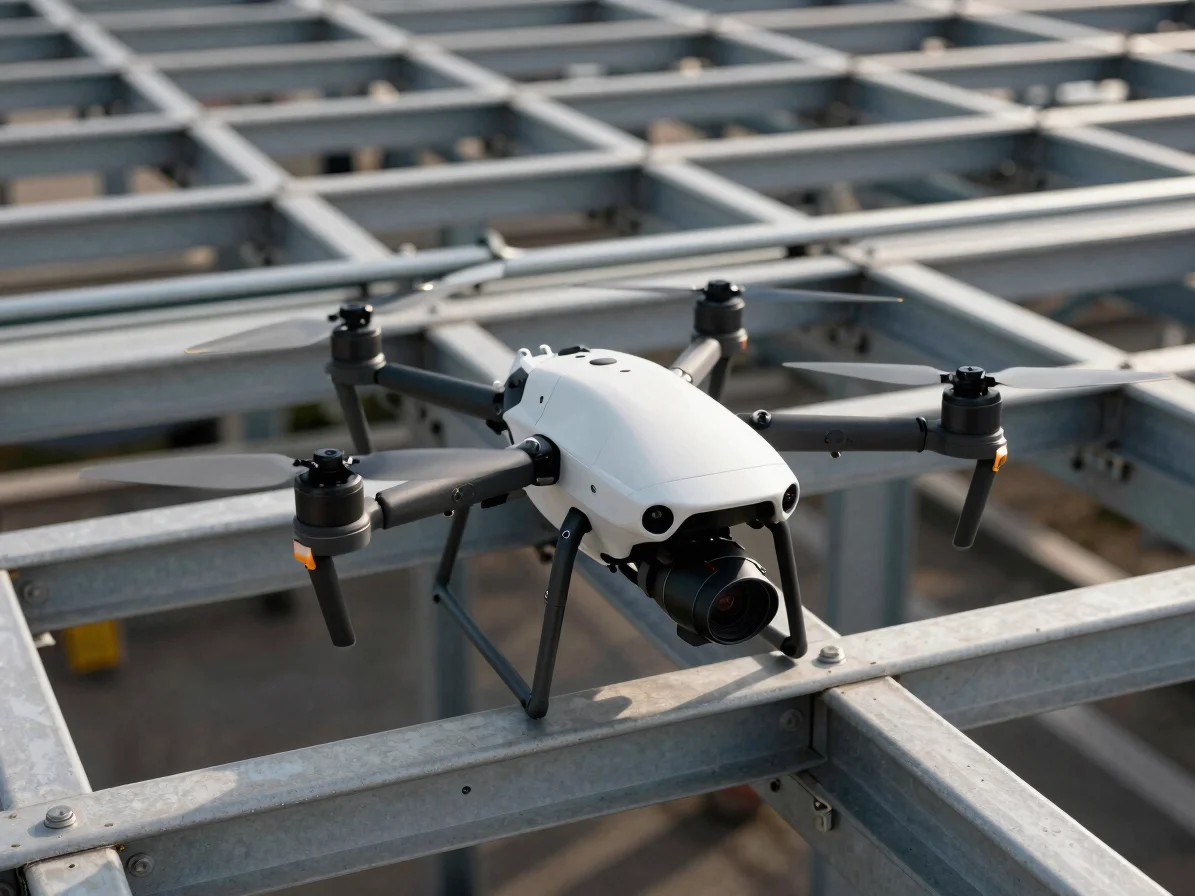 Gros plan sur la caméra d'un drone inspectant une structure métallique, détails nets, lumière du jour, 35mm format, indu