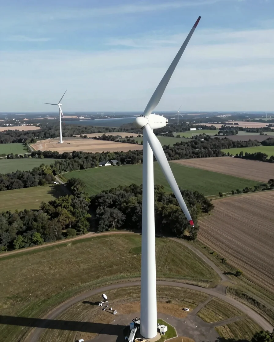 Drone professionnel inspectant une éolienne, vue aérienne grand-angle, lumière du jour nette, fort contraste, tons désat